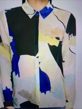 Reiss Celina Abstract Watercolor Button-Down Blouse in Blue, Black, Cream